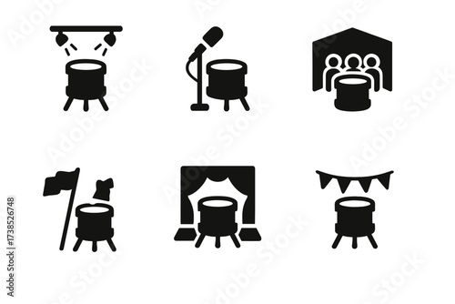 Floor Tom Performance Icons. Solid, filled icon set of floor tom performance settings: live stage, studio, rehearsal room, drum circle, parade, concert, school