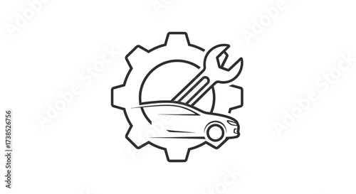 Automotive repair and maintenance logo design, showcasing a car, wrench, and gear illustration