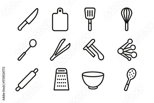 Meal Prep Tools Icons. Meal prep tools. Line icon set of meal prep tools: knife, cutting board, spatula, whisk, ladle, tongs, peeler, measuring spoons, rolling