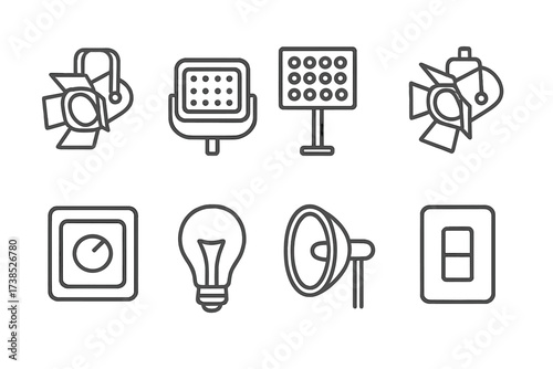 Lighting Equipment Icons. Outline icon set of lighting equipment: spotlight, floodlight, LED panel, stage light, dimmer, light bulb, reflector, light switch.