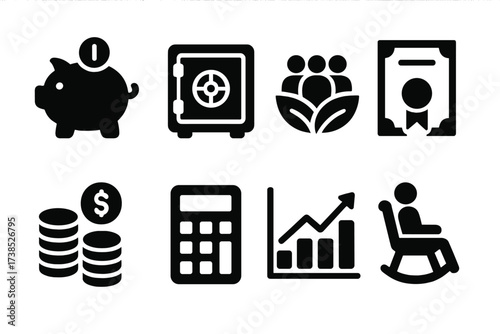 Savings and Investment Icons. Solid, filled icon set of savings and investment: piggy bank, safe, mutual funds, bonds, stock market, retirement plan, gold