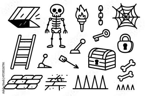 Dungeon Trap Doodles. Hand-drawn doodle illustration dungeon trapdoor trapdoor, skeleton, torch, chains, key, lock, stone floor, ladder, shadow, cobweb, chest,