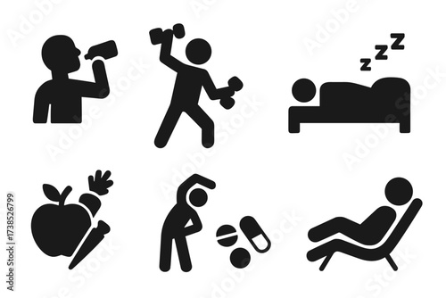 Daily Wellness Icons. Solid, filled icon set of daily wellness activities: drinking water, exercising, meditating, sleeping, healthy eating, stretching, taking