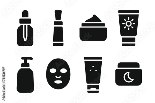 Skincare Icons Set. Solid, filled icon set of anti-aging skincare products: serum bottle, eye cream, moisturizer jar, sunscreen tube, facial cleanser, face