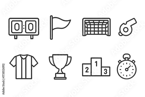 Sports Icon Set. Outline icon set of sports leaderboard: scoreboard, team flag, goal net, referee whistle, player jersey, trophy cup, ranking chart, stopwatch.