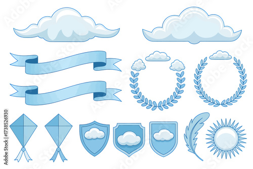 Light blue vector design elements featuring clouds banners kites shields laurel wreaths a feather and a sun for creating graphics and illustrations in a soft airy style