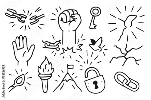 Breaking Free Symbols. Hand-drawn doodle illustration Breaking chains for freedom broken chain, hand breaking shackle, lock, key, clenched fist, open hand,