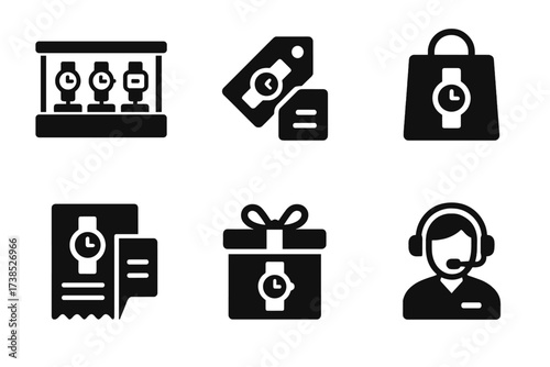Watch Retail Icons. Solid, filled icon set of watch sales and retail: display case, price tag, shopping bag, warranty card, receipt, gift box, customer