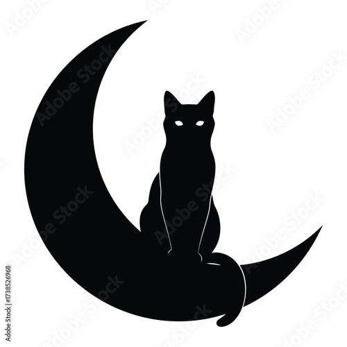 Black cat silhouette sitting on a crescent moon with glowing eyes