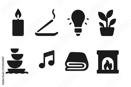 Soothing Elements Icons. Solid, filled icon set of soothing touch environment: candle, incense, soft light, plants, water fountain, nature sounds, cozy