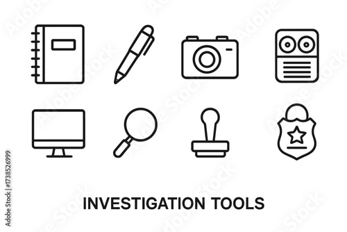 Investigation Tool Icons. Outline icon set of investigation tools: notebook, pen, camera, tape recorder, computer, key, lock, badge. Line icons in only black
