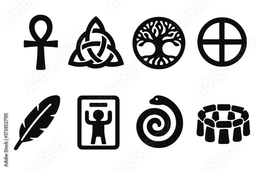 Ancient Symbols Icons. Solid, filled icon set of ancient life force: ankh, celtic knot, sacred tree, sun wheel, feather, ancient glyph, serpent coil, stone