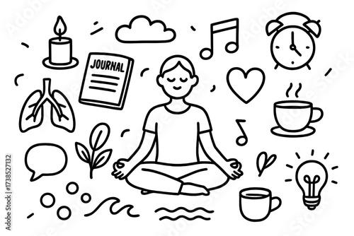 Stress Relief Doodles. Hand-drawn doodle illustration Stress management techniques meditation pose, breathing lungs, candle, journal, music note, smiling face,