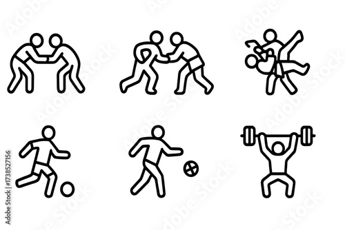 Georgian Sports Icons. Outline icon set of Georgian sports: wrestling, rugby, judo, horse riding, soccer, basketball, archery, weightlifting. Line icons in