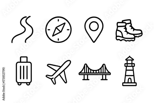 Forever Journey Icons. Outline icon set of forever journeys: winding road, compass, map marker, hiking boots, suitcase, airplane, bridge, lighthouse. Line