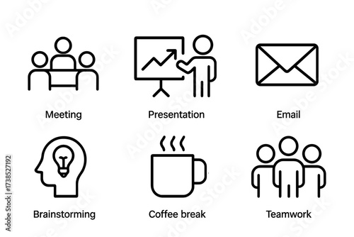 Office Activities Icons. Outline icon set of office activities: meeting, presentation, phone call, email, brainstorming, coffee break, report, teamwork. Line
