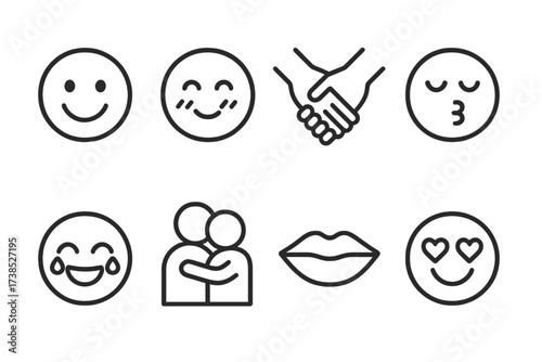 Proposal Emotion Icons. Outline icon set of proposal emotions: happy face, blushing cheeks, holding hands, kiss, tears of joy, hugging couple, smiling lips,