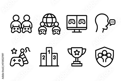 Multiplayer Gaming Icons. Outline icon set of multiplayer gaming: co-op play, online multiplayer, split screen, voice chat, party invite,