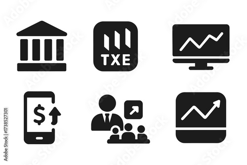 Stock Exchange Icons. Solid, filled icon set of stock exchange platforms: NASDAQ, NYSE, Tokyo Exchange, London Stock Exchange, digital trading, brokers, market