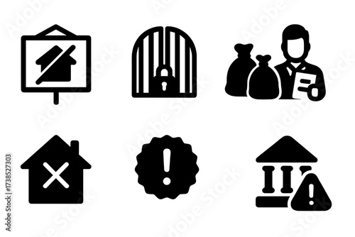 Eviction Icon Set. Solid, filled icon set of forced removal: eviction sign, locked gate, moving bags, landlord holding papers, house with cross, warning badge,