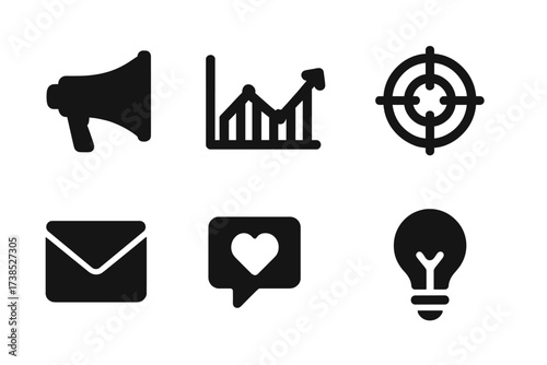 Marketing Tools Icons. Solid, filled icon set of marketing tools: megaphone, analytics graph, target, shopping cart, email, social media, dollar sign, light