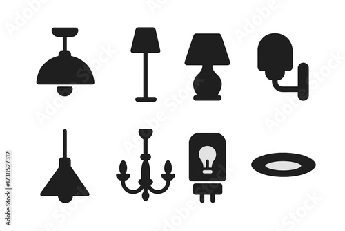Home Lighting Icons. Solid, filled icon set of home lighting: ceiling lamp, floor lamp, table lamp, wall sconce, pendant light, chandelier, night light,