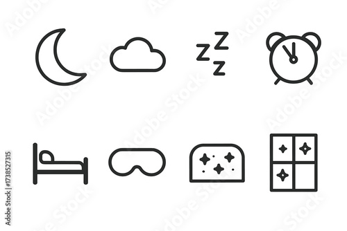 Dreams and Subjects Icons. Outline icon set of dream states: moon, cloud, zzz, bed, sleep mask, alarm clock, night sky, starry window. Line icons in only black