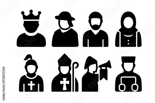 Medieval Feudal Icons. Solid, filled icon set of medieval feudal roles: king, nobleman, vassal, serf, squire, bishop, herald, chancellor. Solid, filled icons