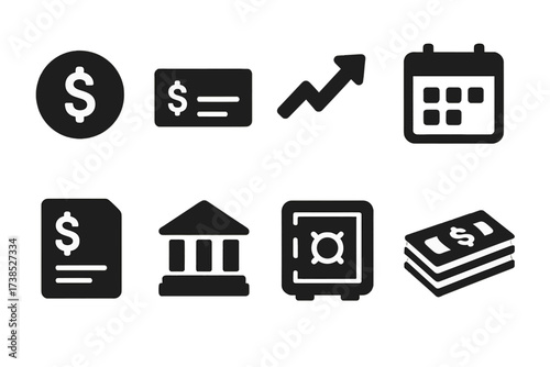 Stock Dividends Icons. Solid, filled icon set of stock dividends and earnings: dollar coin, dividend check, growth arrow, calendar, financial report, bank,