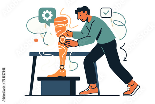Futuristic Prosthetic Innovation. Innovative prosthetic design. A designer adjusting a glowing 3D-printed prosthetic limb on a workstation, floating abstract