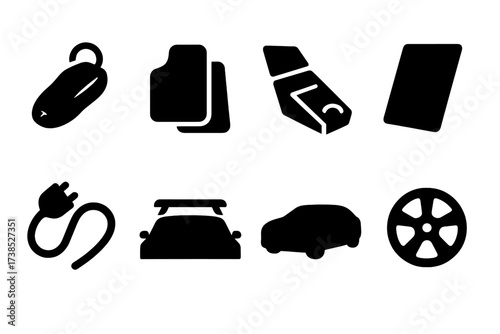 Tesla Accessories Icons. Solid, filled icon set of Tesla accessories: car key, floor mats, center console, screen protector, charging cable, roof rack, car