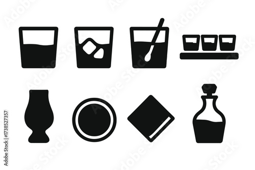 Whiskey Serving Icons. Solid, filled icon set of lowball serving styles: neat pour, on the rocks, stirred drink, whiskey flight, tasting glass, cocktail