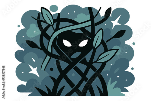 Mysterious Forest Watcher. Hidden watcher. Only glowing eyes of a creature visible behind thick enchanted vines, abstract fog and sparks filling the mysterious