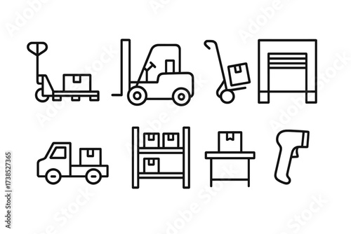 Logistics Equipment Icons. Outline icon set of logistics equipment: pallet jack, forklift, hand truck, loading dock, warehouse truck, shelves, packing table,