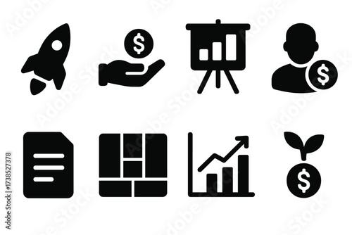 Venture Capital Icons. Solid, filled icon set of venture capital: startup rocket, funding hand, pitch deck icon, investor profile, term sheet, business model