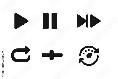 Music Control Icons. Solid, filled icon set of tempo control: play button, pause button, fast forward, rewind, loop symbol, slider control, tempo dial, sync
