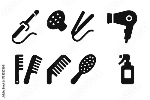Hair Styling Tools. Solid, filled icon set of ringlet styling tools: curling iron, diffuser, flat iron, blow dryer, hair pick, comb, brush, heat protectant