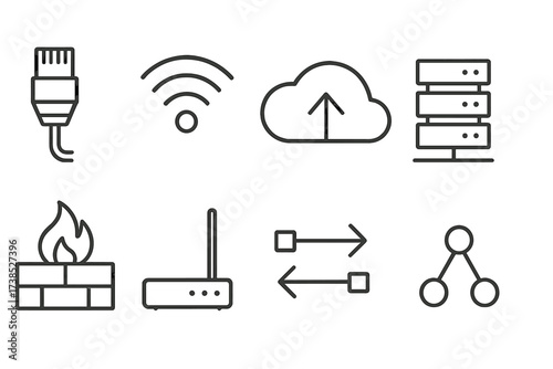 Network Icon Set. Outline icon set of network connection: LAN cable, Wi-Fi hotspot, server rack, cloud storage, firewall, modem, data flow, network diagram.