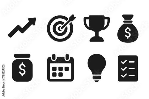 Financial Goals Icons. Solid, filled icon set of financial planner goals: growth arrow, target, trophy, money bag, savings jar, calendar, light bulb,