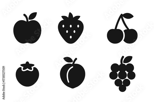 Garden Fruit Icons. Solid, filled icon set of garden fruits: apple, strawberry, lemon, cherry, blueberry, peach, pear, grape. [Line icons in only black color.
