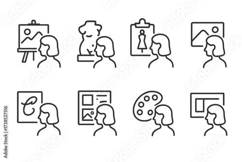 Artistic Glance Icons. Outline icon set of glance in art and design: glance at painting, glance at sculpture, glance at fashion sketch, glance at photo, glance