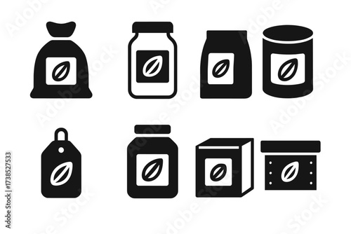 Cocoa Packaging Icons. Solid, filled icon set of cocoa packaging: paper sack, glass jar, sealed bag, tin can, retail box, label tag, bulk container, shipping