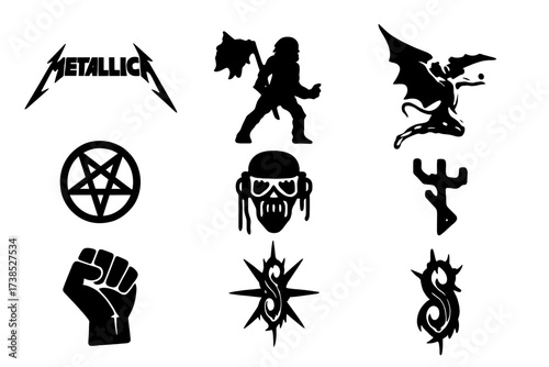 Metal Bands Icon Grid. Solid, filled icon set of metal famous bands: Metallica, Iron Maiden, Black Sabbath, Slayer, Megadeth, Judas Priest, Pantera, Slipknot.