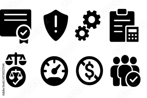Audit Outcomes Icons. Solid, filled icon set of audit outcomes: compliance certification, risk mitigation, process improvement, financial accuracy, legal