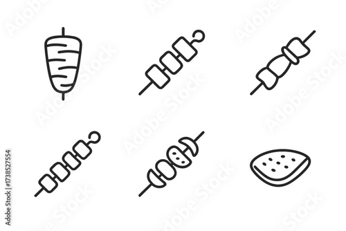 Kebab Icon Set. Outline icon set of kebab: doner kebab, shish kebab, chicken kebab, lamb kebab, kebab skewer, grilled vegetables, pita bread, sauce bowl. Line