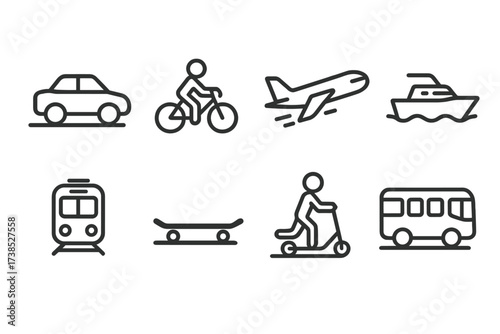 Vehicle Movement Icons. Outline icon set of vehicle movement: car driving, bicycle riding, airplane flying, boat sailing, train moving, skateboard cruising,