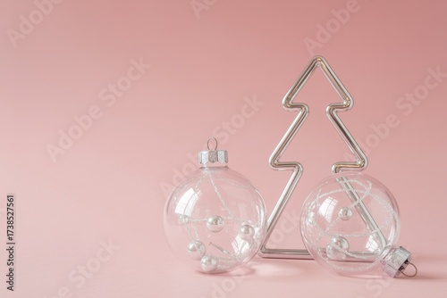Decorative clear glass ornaments and silver tree outline on soft pink background for holiday celebration