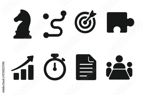 CEO Strategy Icons. Solid, filled icon set of CEO strategic planning: chess piece, roadmap, target, puzzle piece, growth arrow, stopwatch, document, meeting