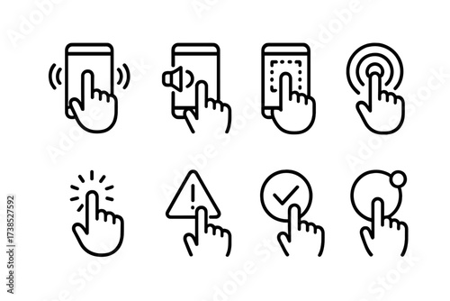Touchscreen Feedback Icons. Outline icon set of touchscreen interaction feedback: vibration, sound alert, visual highlight, ripple effect, loading spinner,