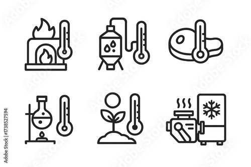 Industrial Thermometer Icons. Outline icon set of thermometer industrial applications: furnace temperature, chemical reactor, HVAC system, food processing,